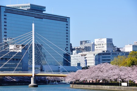 OMMビルと川崎橋とさくら